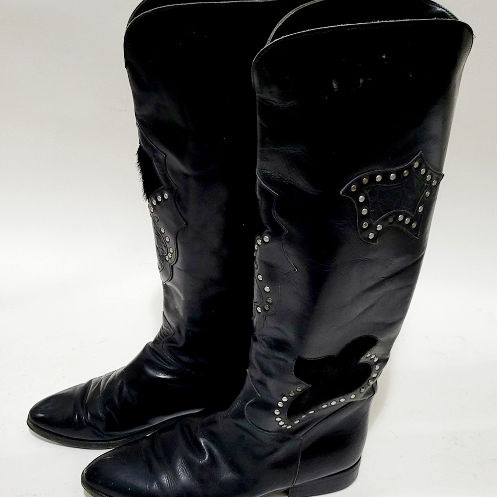 Charles David Black Leather Boots Women 9 1/2 Flat Heel - Picture 2 of 7